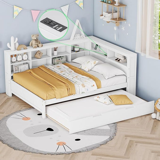 Harper & Bright Designs Full Size Daybed with Trundle and Charging Station, Wooden Full Storage Bed Frame with L-Shaped Bookcases, Full Platform Bed with Shelves for Kids Girls Boys, White
