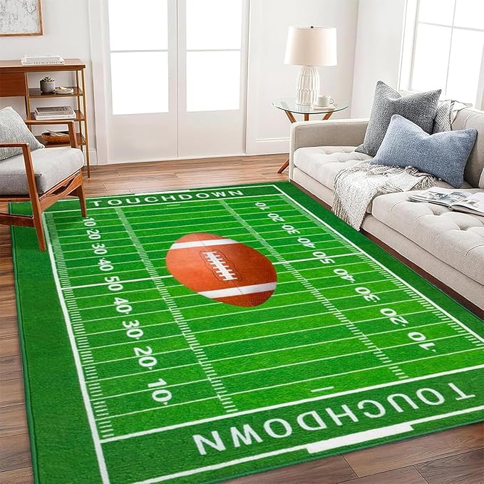Football Field 9x12 Rug for Boys Bedroom Sports Rugs for Boys Room Decor, Soft Football Rug for Kids Playroom, Area Rug for Game Room or Man Cave Carpet