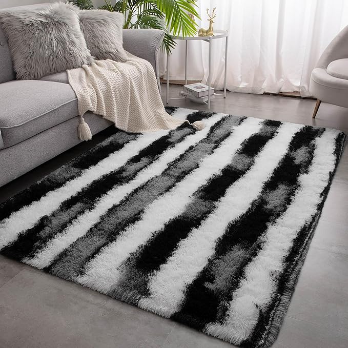 Meralax Area Rugs for Living Room Bedroom, Machine Washable 4x6 Feet Soft Fluffy Shaggy Bedside Rug, Black and White Indoor Floor Carpet for Kids Boys, Dorms, Nursery Rooms, Home Decor Aesthetic