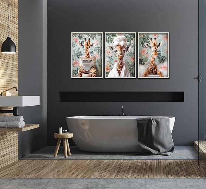 3Pcs Funny Animal Bathroom Canvas Wall Art Giraffe Reading Newspaper on Toilet Painting Picture Wall Decor Eclectic Jungle Giraffe Bathrobe Bathtub Poster Print for Toilet Bathroom Home Decoration