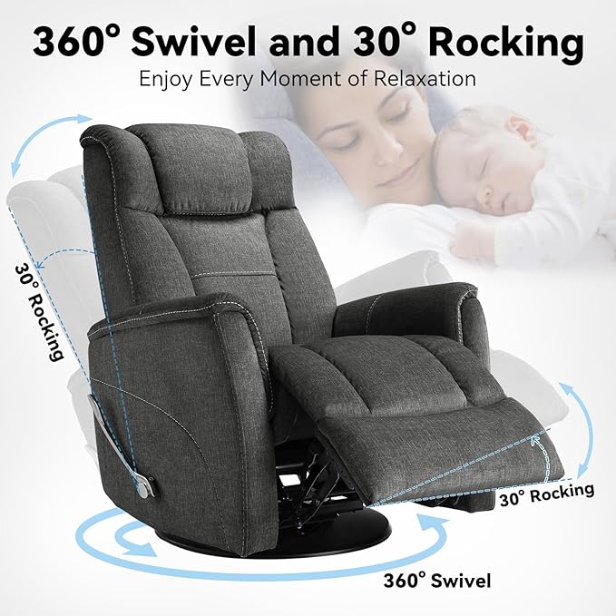 360° Swivel Rocking Recliner, Manual Comfy Nursery Glider Rocker Chair for Indoor Bedroom, Upholstered Soft Fabric Living Room Reclining Chair with Lumbar Support for Adults (Dark Gray)
