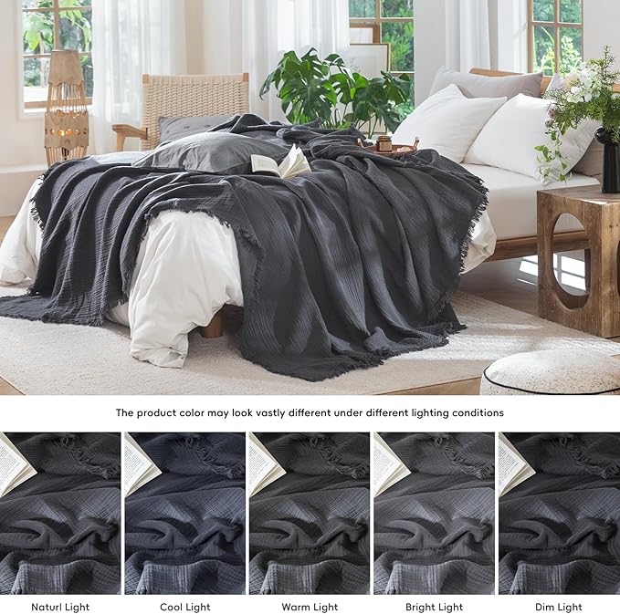 MooMee Muslin Blanket - 100% Cotton 4-Layer Gauze Throw Blanket with All-Around Fringe, Ultra-Soft Breathable Lightweight Cooling Decorative for Bed, Sofa & Couch (Dark Grey,Super King 108" x 98")