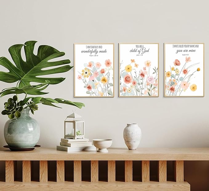 Esejchiam 3pcs Christian Floral Wall Art Wildflowers Bible Verse Canvas Wall Decor Boho Floral Paintings Prints Poster for Living Room Bedroom Home Decorations Unframed