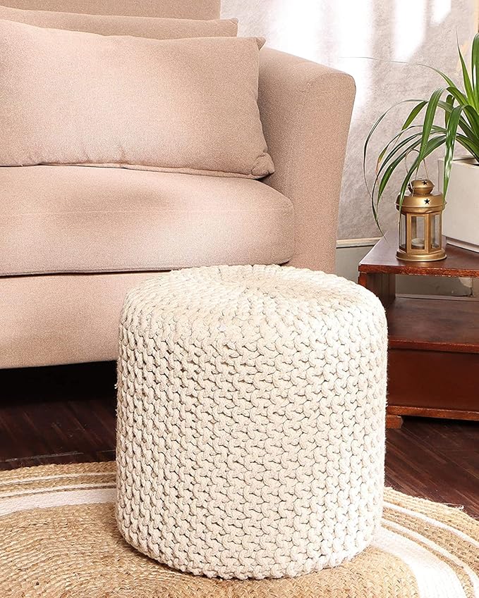 REDEARTH · Cylindrical Hand Knitted Pouf - Foot Stool Ottoman - Cord Boho Pouffe - Cotton Round Poof for Home Decor - Living Room - Nursery - Bedroom - Patio (16" x 16" x 16") - Ivory
