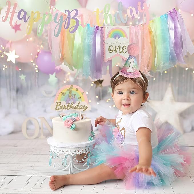 Macaron Pastel Rainbow High Chair Banner for 1st Birthday Decorations First One Birthday Party Girl with Cake Topper