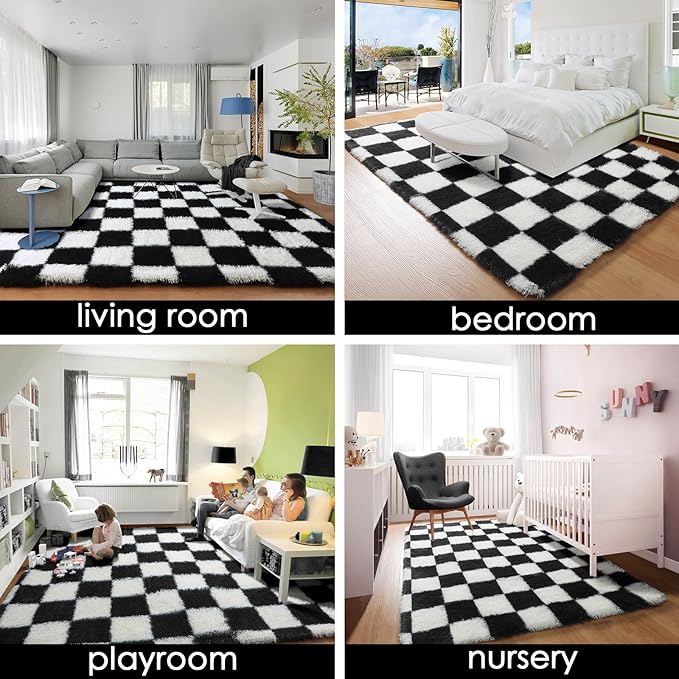 KICMOR 5x7 Rug for Living Room Bedroom, Fluffy Black and White Area Rug Fuzzy Shaggy Floor Carpets, Big Large Soft Plush Checkered Rugs for Kids Girls Boys Room Dorm Nursery, Home Decor Aesthetic