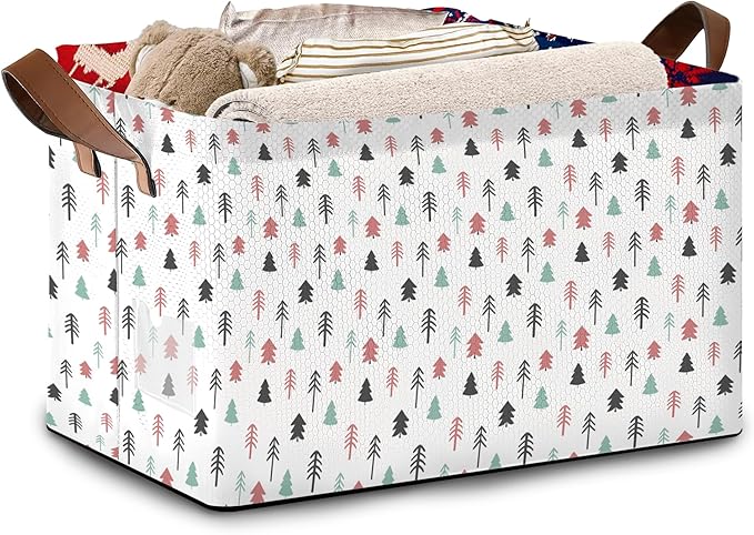 Foldable Collapsible Storage Bin with Pine Tree Design-17x11.5x10.5 Inch Organizer Basket for Home, Closet, Nursery-Single Pack, No Lid Space-Saving Storage Box