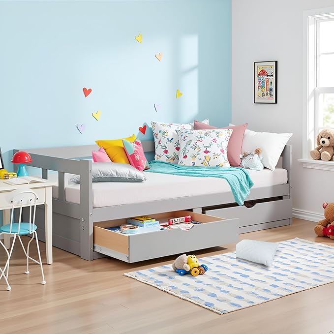 Alaterre Furniture Melody Twin to King Extendable Daybed with Trundle and Storage Drawers – Solid Brazilian Pine Wood with 400lb Capacity for Kids, Guest, or Small Bedroom (Dove Gray)