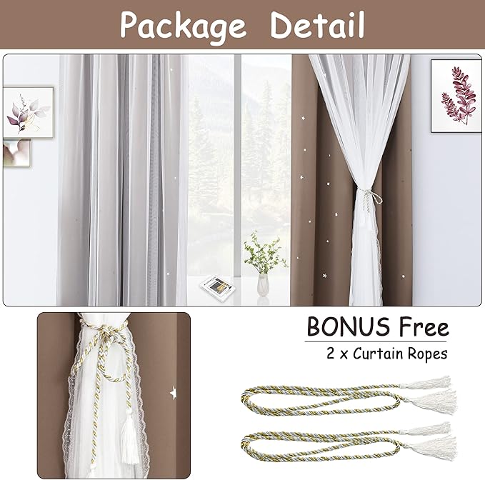 Kinryb Star Cutout Blackout Curtains Double Layer Curtains with Durable Sheer Curtains for Bedroom Thermal Insulated Window Treatment Set with 2 Free Tiebacks (52W x 63L 2 Panels Coffe)