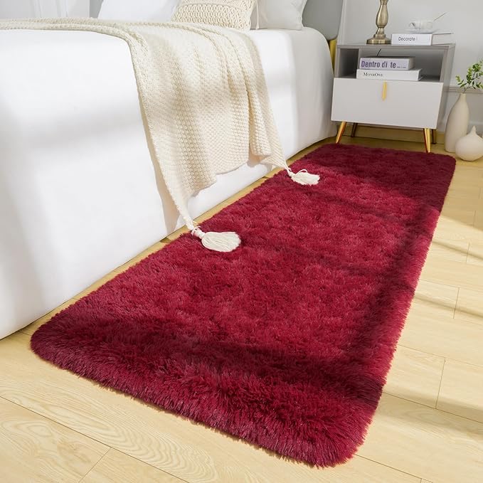 BENRON Soft Runner Rugs for Bedroom 2x6, Washable Long Runners for Hallway Entryway Kitchen Dorm, Fluffy Throw Rug for Kids Girls Room Decor Photo Prop, Wine Red