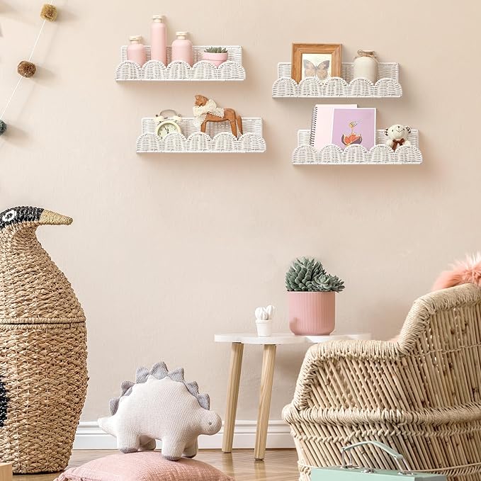 Pinkunn 4 Pcs Nursery Book Shelves 15.8 Inch Rattan Scalloped Floating Bookshelves Wicker Boho Book Shelf for Wall Mounted Decor Nursery Rooms Hanging(Cute)