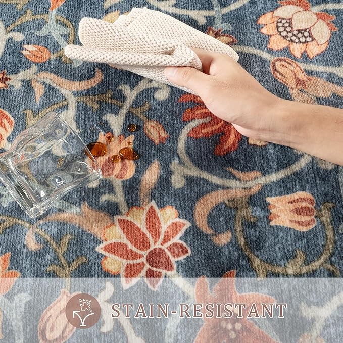 Anidaroel Floral Living Room Rugs 5x7, Washable Large Area Rugs for Bedroom Non Slip Soft Rug, Low Pile Stain-Resistant Dining Room Mat Boho Carpet for Farmhouse Home Office Dorm, Blue&Red
