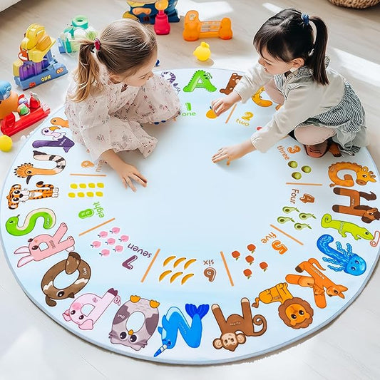 Kids Rugs for Playroom, 4'x4' Round Educational Rug for Learn the ABC Alphabet, Soft Machine Washable Non-Slip Cute Animal Carpet for Classroom Toddler Nursery Kids Room Decor Mat, Light Blue
