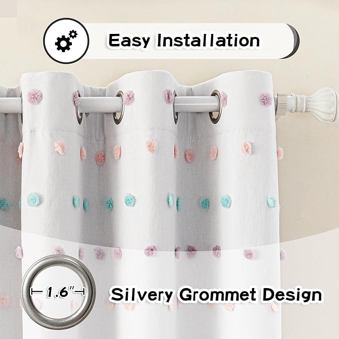 MYSKY HOME 100% Blackout Curtains for Living Room 102 Inch White Curtains Extra Long Total Light Block Girls Room Drapes Thermal Insulated Room Darkening Rainbow Pom Pom Sheer Grommet 2 Pieces 52 Wide