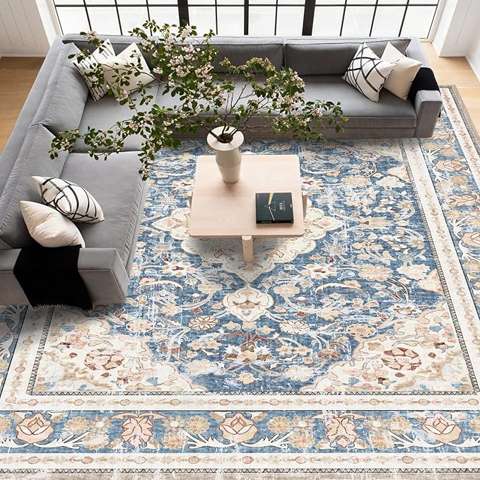 Vhong Washable Area Rugs Boho Vintage Modern Neutral Large Carpet Blue High Traffic Rugs 9×12 for Dinning Room Living Room Bedroom Farmhouse Non Slip
