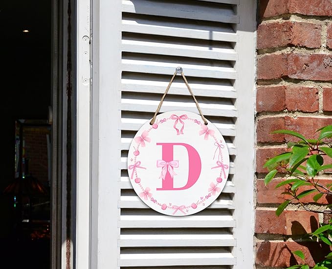 Monogram Round Sign For Front Door, Cherry Bow Theme Sign For Porch Art Wall Door, Initial Signs Hanging Ornament For Indoor Outdoor, Decorations Gifts For Four Seasons Rustic Home Kitchen, D, A04