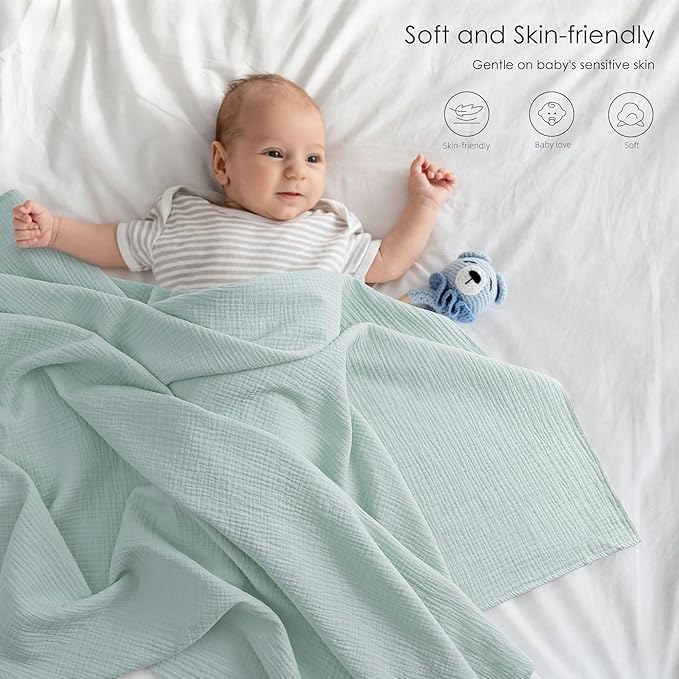 Bearmoss Muslin Swaddle Blankets, 40 x 38 inches Baby Swaddle for Boys and Girls, Soft Baby Blanket, 3 Pack Breathable Nursery Receiving Blankets (Blue Green)