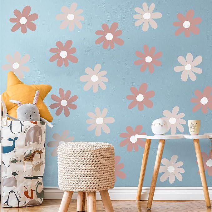 TaoBary 12 Sheets Daisy Wall Decal Flower Wall Sticker Cute Daisy Sticker Pink White Flower Decal Peel and Stick Floral Wallpaper for Nursery Bedroom Home Decor(Grey Color,Simple Style)