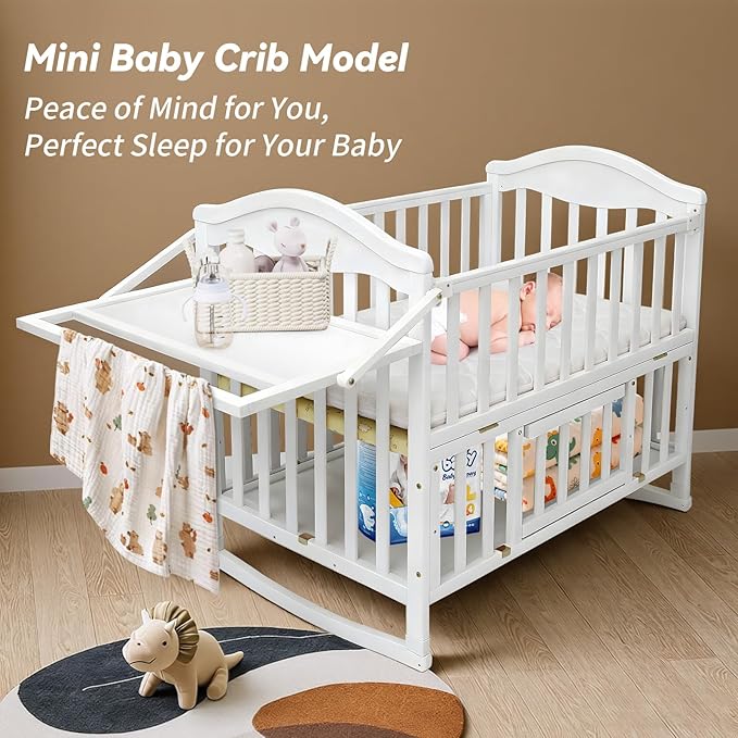 Portable Mini Baby Crib - Cunas para Bebes with Changing Shelf and Mattress Included,2025 Wheeled Wood Baby Bassinet,Bassinet Bedside Co Sleeper for Small Room,White