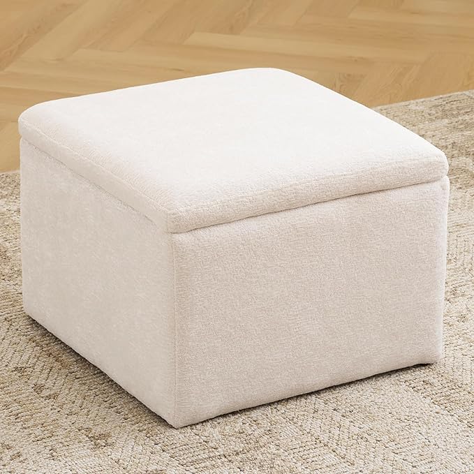 Cube Storage Ottoman, Chenille Ottoman Foot Stools, Ottoman Footstool with Removable Lid, Storage Ottoman for Chair, Multi-Functional Footrest, White
