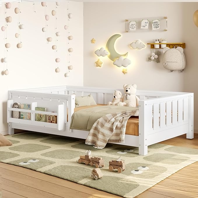 Bellemave Twin Floor Bed with Slats and Safety Guardrail, Twin Size Montessori Floor Bed with Fence and Built-in Bookshelf, Easy Assemble Montessori Beds for Kids, Girls, Boys, White