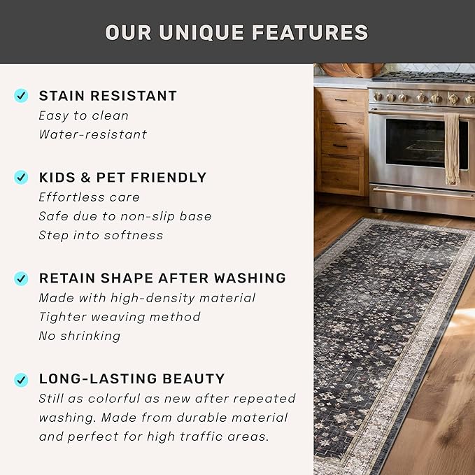 Black Boho Washable 3x16 Extra Long Runner Rug for Hallway, Waterproof Large Kitchen Floor Rug, Non-Slip Stain & Fade Resistant, Vintage Floral Decor