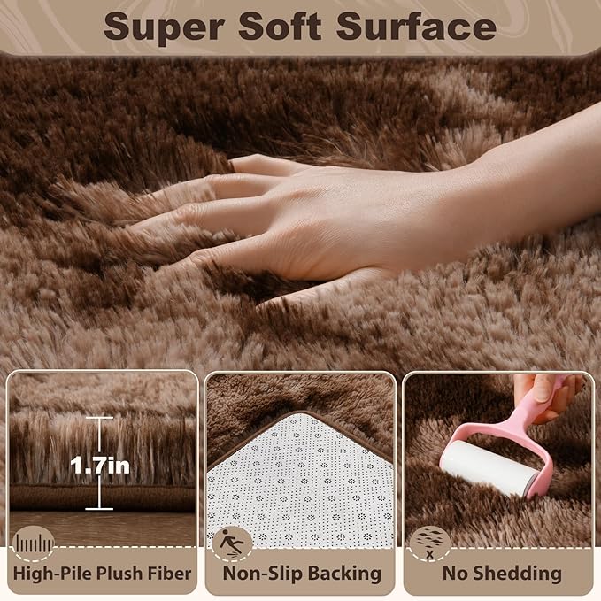 EVOIONOS Area Rug for Living Room Bedroom, Washable 5x8 Fluffy Shag Large Rug, Soft Plush Non Slip Carpet for Indoor Floor Bedside Nursery Kids Girls Room Dorm, Home Decor Aesthetic, Tie-Dyed Coffee