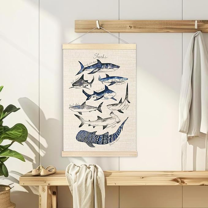 Ecezatik Sharks Poster Hanger Frame, Shark Wall Art, Beach Room Decor, Coastal Home Decor, Shark Hanging Wall Decor for Classroom Nursery Boys Room, Shark Gifts for Shark Lovers, 16x24