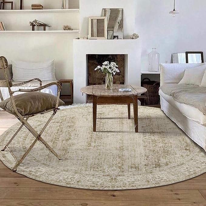 Vintage Rug Indoor Floor Cover Floral Print Cream&Light Tan Circle Rug 5' Round Kitchen Living Room Bedroom Dining Room