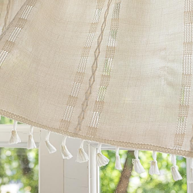 Deeprove Ivory Boho Valance Kitchen Short Curtain, Textured Striped Drape Semi Sheer Privacy Tier Embroidered Chic Window Treatment for Cafe Restaurant Closet, W52 x L18 inch Single 1 Panel