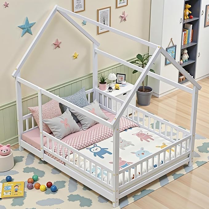 LLS Full Size Montessori Floor Bed Frame with Slats and Fence, Wooden House Bed for Boys Girls Bedroom, White
