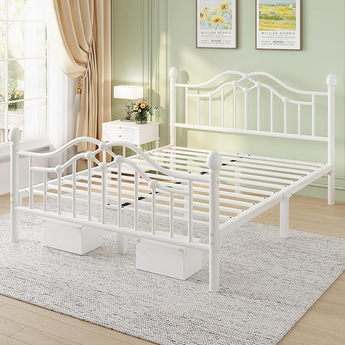 Full Metal Platform Bed Frame, Bed Frame with Victorian Headboard and Footboard, Strong Metal Slats Support, Mattress Foundation No Box Spring Needed, Easy Assembly, Noise Free, White