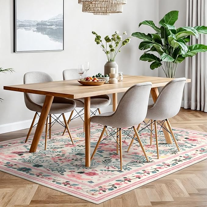 Rugs for Living Room 5x7, Pink Boho Thin Washable Non-Slip Area Rugs for Bedroom Girls, Soft Floral Low-Pile Nursery Carpet for Dining Room Kids Room Playroom Indoor, Pink/Multi