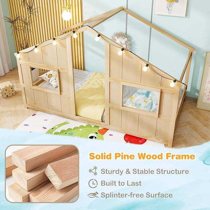 Twin Montessori Floor Bed with Roof, LED Light, Wood House Bed Frame with Headboard and 2 Windows, Low to Ground Cute Playhouse Bed for Kids, Girls, Boys, Without Slats (Natural)