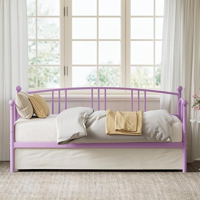 GarveeHome Twin Daybed, Sturdy Metal Day Bed with Steel Slat Support, Arched Headboard Sofa Bed for Living Room, Bedroom and Guest Room, Purple