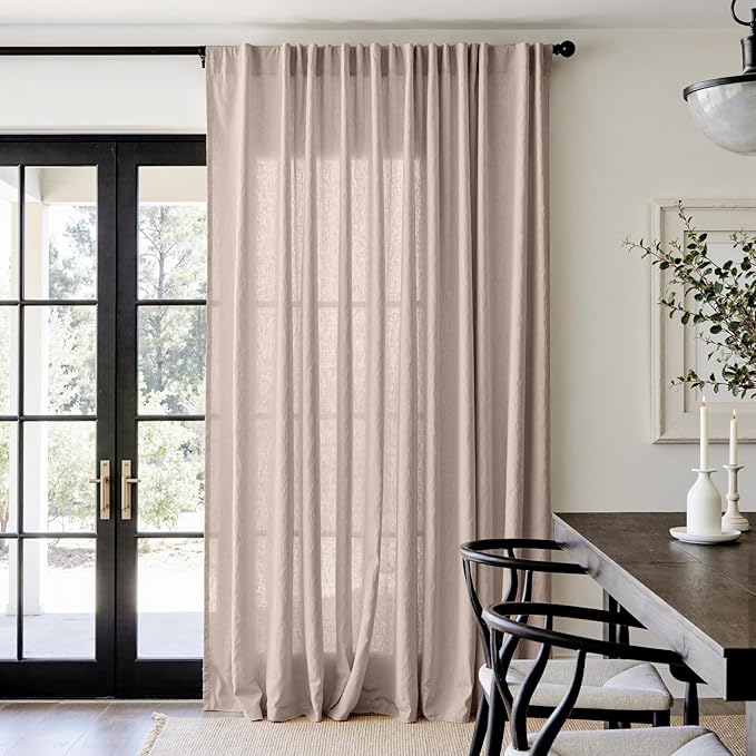 jinchan Taupe Linen Blend Curtain 96 inch Length 1 Panel for Sliding Door, Light Filtering 100 inch Extra Wide Farmhouse Drape with Rod Pocket Back Tab(100W x 96L, Taupe)