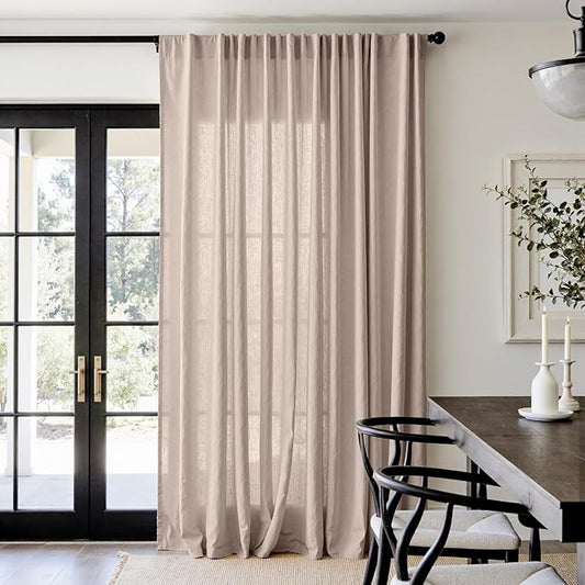 jinchan Taupe Linen Blend Curtain 96 inch Length 1 Panel for Sliding Door, Light Filtering 100 inch Extra Wide Farmhouse Drape with Rod Pocket Back Tab(100W x 96L, Taupe)