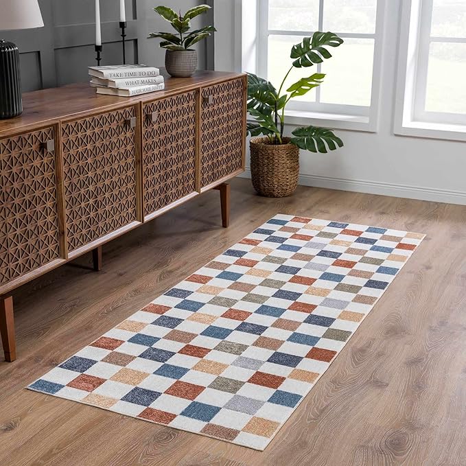 BoutiqueRugs Alia Colorful Modern Checkered Runner Rug - Contemporary Geometric Carpet for Hallway, Nursery, Girls Boys Room - Machine Washable - White, Blue, Peach, Rust - 2'7" x 10' Runner