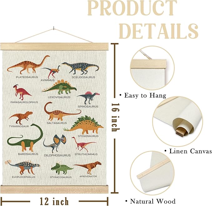 BCUANGD Dinosaur Dino Wall Decor - Baby Toddler Boys Room Wall Art Poster Hanger with Wood Frames, Inspirational Hanging Canvas Decor for Kids Room Playroom Nursery Bedroom, 12x16 Inches