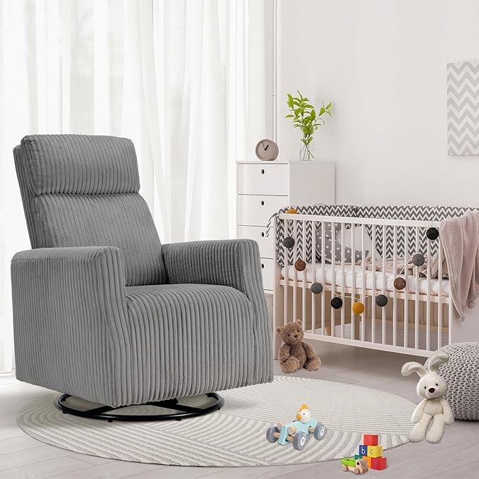 CANMOV Swivel Rocker Chair for Nursery, Swivel Accent Chair with High Back and Arms, Corduroy Glider Chair for Living Room Bedroom Nursery, Grey