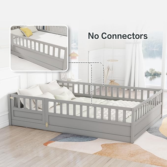 GDFStudio Full Size Floor Bed Frame with Opening Door & Guardrails, Montessori Toddler Full Bed Frame for Boys Girls, Wooden Low to Floor Bed Rails for Toddlers, Support Slat, Grey