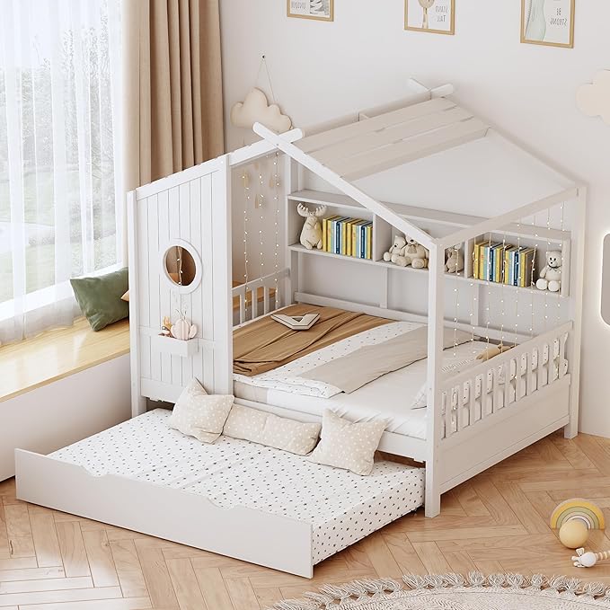 Bellemave Full Size House Bed Frame with Trundle for Kids,Full Kids Bed Frame with Bookshelves,Solid Wood House Bed for Girls,Boys,Can be Decorated,White