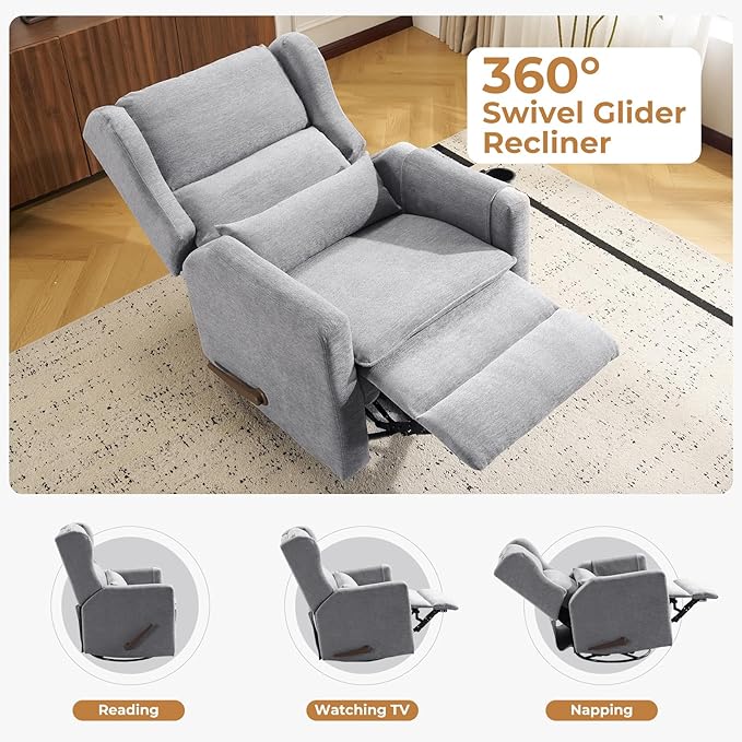 Swivel Rocker Recliner Chair,Comfy Glider Rocker Recliner with Adjustable Headrest,Rocking Chair Nursery for Living Room & Bedroom,Chenille,Grey