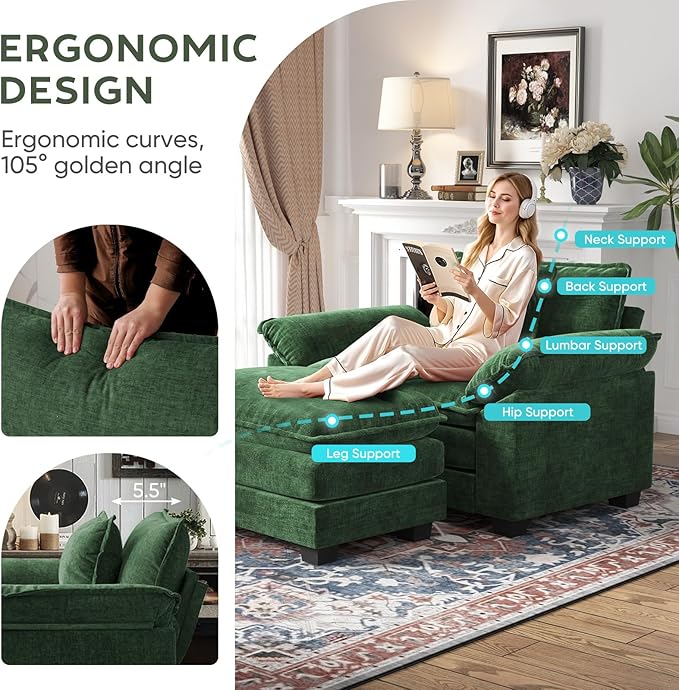CDCASA Oversized Accent Chair with Ottoman, Chenille Comfy Cloud Sofa Chair with Large Seat and Upholstered Armrests, Modern Extra Wide Armchair Reading Chairs for Bedroom, Living Room,Green