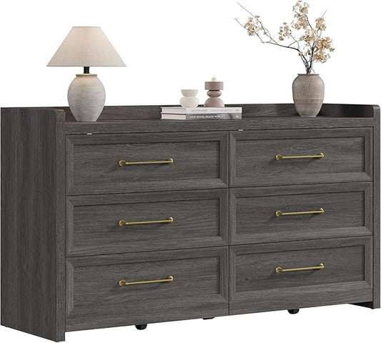 SICOTAS 6 Drawer Dresser for Bedroom-56.4" Extra-Wide Wooden Chest of Drawers with Large Storage, Long Dresser TV Stand with Drawers, Modern Closet Dressers for Nursery Living Room, Dark Grey Oak