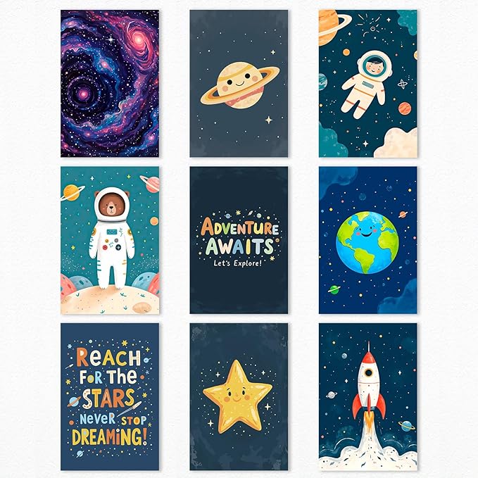 9 Pieces Outer Space Theme Nursery Canvas Wall Art, Charming Bear Astronaut Planets Rocket Poster for Kids Room, Baby Boys Playroom Bedroom Stars Cosmos Picture Print 8x12in Unframed