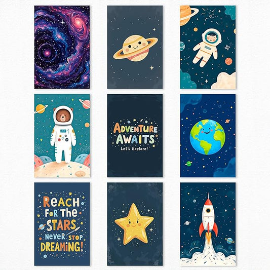 9 Pieces Outer Space Theme Nursery Canvas Wall Art, Charming Bear Astronaut Planets Rocket Poster for Kids Room, Baby Boys Playroom Bedroom Stars Cosmos Picture Print 8x12in Unframed