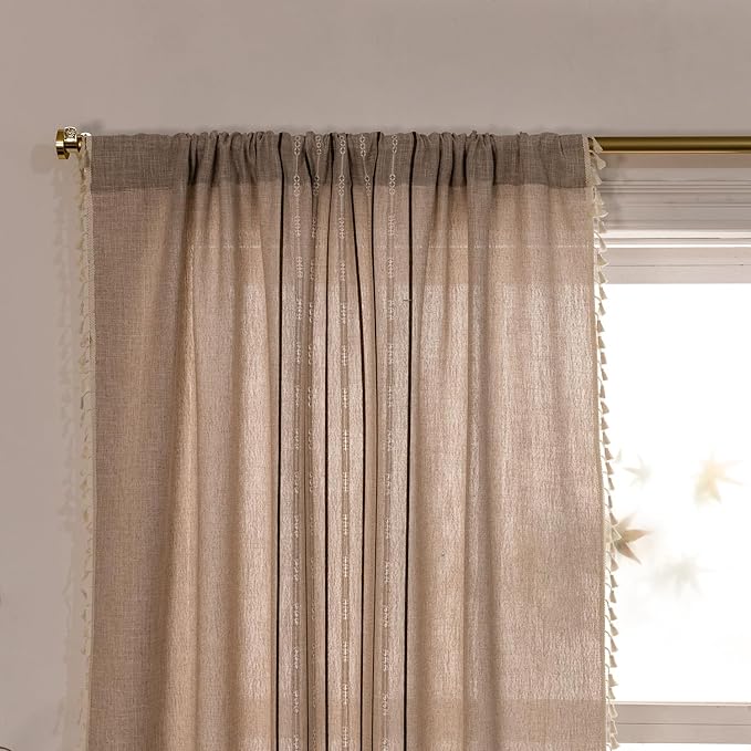 Deeprove Boho Style Curtains 84 inches Long, Vintage Bohemian Embroidery Striped Farmhouse Cotton Linen Fringe Window Treatments Bedroom Living Room Nursery, W52 x L84, 1 Panel Khaki and Brown
