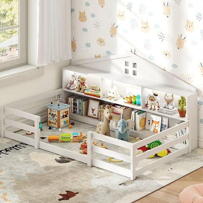 KOMFOTT Twin Floor Bed with Bookcase & LED Light, Wood Bed Frame with Bedside Bookshelves & Guardrails, Versatile 2-in-1 Montessori Floor Bed for Kids (Twin with Led Light,White)