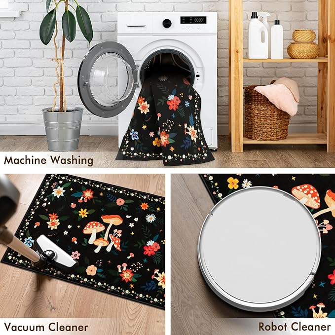 3x5 Machine Washable Area Rug, Non-Slip Small Vintage Floral Washable Rug for Girls, Low Pile Carpet for Living Room, Entryway, Bedroom & Dorm Room(3x5 Black Mushroom)